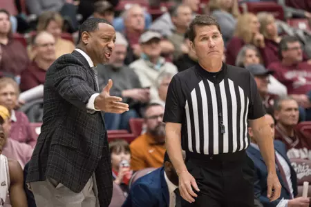Head Coach Travis DeCuire discusses a call during a college basketball game between the Montana Grizzlies and the Idaho Vandals at Dahlberg Arena on Dec. 31, 2022 in Missoula, Montana.
