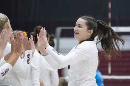 Jackie Howell #3 of Montana Grizzlies gets introduced during a college volleyball match against University of North Dakota on August 26, 2022.