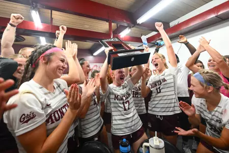 The Montana Grizzlies celebrate their win over Sacramento State to clinch the Big Sky Conference at the South Campus Stadium on Thursday, Oct. 19, 2023.
