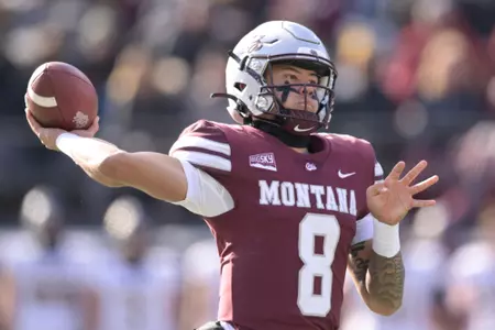 Keali’i Ah Yat #8 of the Montana Grizzlies throws a pass in the second quarter of a game against the Northern Colorado Bears at Washington-Grizzly Stadium on October 28, 2023 in Missoula, Montana.