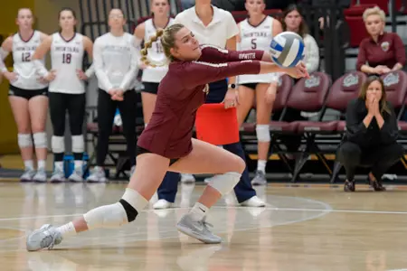 Alexis Batezel #7 of the Montana Grizzlies bumps the ball during the first set of a college volleyball match between the Montana Grizzlies and the Northern Arizona Lumberjacks at Dahlberg Arena on November 2, 2023 in Missoula, Montana.
