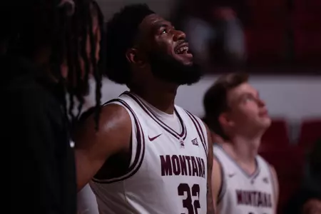 Te?Jon Sawyer #32 of the Montana Grizzlies looks on before during a college basketball game between the Montana Grizzlies and the Northwest Indian College Eagles at Robin Selvig Court inside Dahlberg Arena on November 7, 2023 in Missoula, Montana.