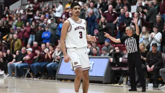 Josh Vazquez #3 of the Montana Grizzlies reacts in the second half of a game against the Sacramento State Hornets at Robin Selvig Court on February 25, 2023 in Missoula, Montana.