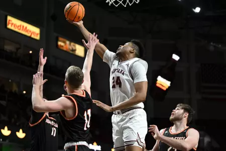 Dischon Thomas #24 of the Montana Grizzlies deflects a rebound in the first half of a game Idaho State Bengals during the quarterfinals of the Big Sky Tournament on March 6, 2023 in Boise, Idaho.