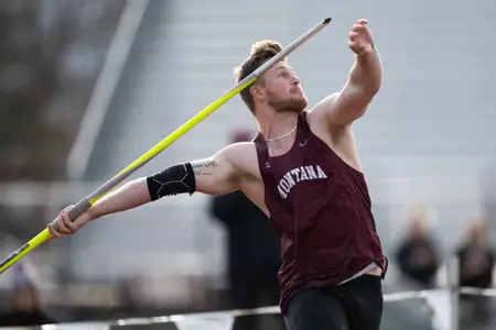 Evan Todd of the Montana Grizzlies competes in the javelin throw during the Montana Open track and field event in Missoula on Friday, April 21, 2023.