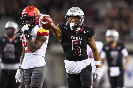 MISSOULA, MONTANA - SEPTEMBER 16: Montana Grizzlies wide receiver Junior Bergen #5 celebrates after making play during the first half against the Ferris State Bulldogsat Washington-Grizzly Stadium on September 16, 2023 in Missoula, Montana.
