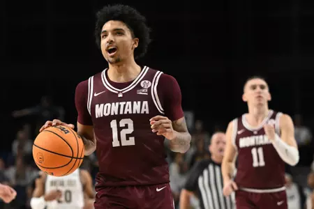 Brandon Whitney #12 of the Montana Grizzlies reacts after beating the Montana State Bobcats at the Brick Breeden Field House in Bozeman, Montana on Jan. 20, 2024.