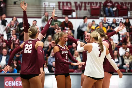 The Montana Grizzlies celebrate after a play a game against the Montana Grizzlies and the Montana State Bobcats October. 25, 2024, in Dahlberg Arena, Missoula Montana.