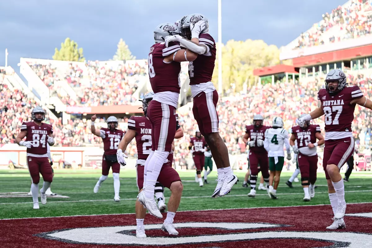 Erik Barker (88) of the Montana Grizzlies celebrates after catching a pass for a touchdown during the third quarter against the Portland State Vikings at Washington-Grizzly Stadium on November 16, 2024 in Missoula, Montana.
