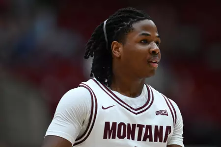 Money Williams #0 of the Montana Grizzlies during the second half between the Montana Grizzlies and Montana Tech at Robin Selvig Court inside Dahlberg Arena on December 10, 2024 in Missoula, Montana.