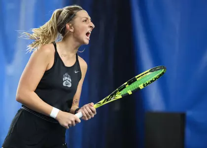 Kelsey Phillips of the Montana Grizzlies celebrates a play during a match against the Utah State Aggies on Feb. 16, 2024, at the PEAK Racquet Club in Missoula, Montana.