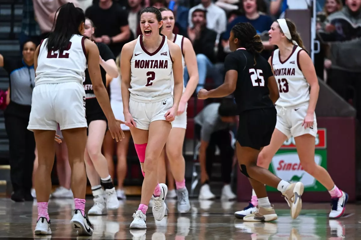 Mack Konig #2 of the Montana Grizzlies celebrates after scoring against Eastern Washington University at Dahlberg Arena on February 29, 2024 in Missoula, Montana.