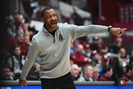 Montana Grizzlies head coach Travis DeCuire calls a play during the second half between the Montana Grizzlies and Northern Arizona University at Robin Selvig Court inside Dahlberg Arena on January 9, 2024 in Missoula, Montana.