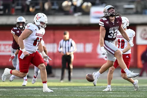 Linebacker Peyton Wing #32 of the Montana Grizzlies celebrates a play during the second half against the Eastern Washington Eagles at Washington-Grizzly Stadium in Missoula, Montana, on November 8, 2025.