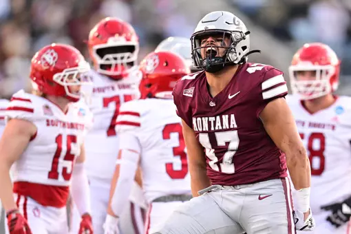 Kellen Detrick #47 of the Montana Grizzlies reacts after a third quarter stop against the South Dakota Coyotes at Washington-Grizzly Stadium on December 13, 2025 in Missoula, Montana.