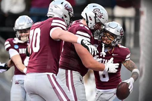 Michael Wortham #6 of the Montana Grizzlies reacts after scoring a fourth quarter touchdown against the South Dakota Coyotes at Washington-Grizzly Stadium on December 13, 2025 in Missoula, Montana.