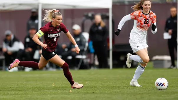 Chloe Seelhoff chases after an opponent during the soccer game between the Griz and Idaho State at South Campus Stadium in Missoula MT, on October 12, 2025.