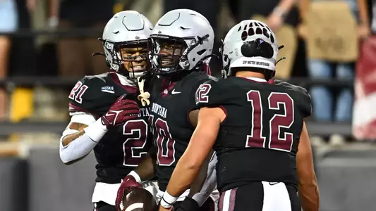 Eli Gillman #10 of the Montana Grizzlies celebrates after a touchdown at Washington-Grizzly Stadium on Aug. 31, 2024, in Missoula, Mont.