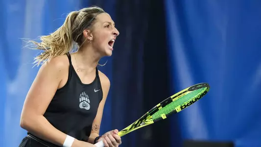 Kelsey Phillips of the Montana Grizzlies celebrates a play during a match against the Utah State Aggies on Feb. 16, 2024, at the PEAK Racquet Club in Missoula, Montana.
