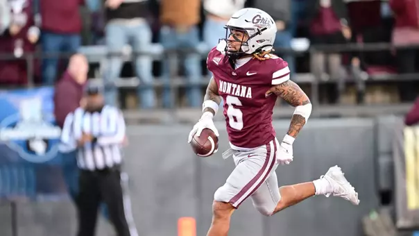 Michael Wortham #6 of the Montana Grizzlies scores during Montana's FCS Quarterfinal matchup against South Dakota at Washington-Grizzly Stadium on Saturday, Dec. 13, 2025.