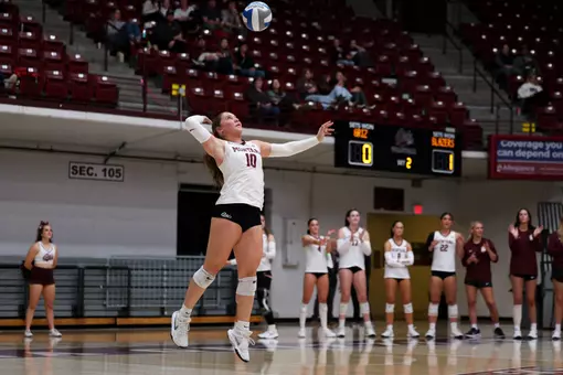 Action shot of the University of Montana Grizzlies’ Volleyball against Utah Tech University Trailblazers on Oct. 17, 2026, at the Dahlberg Arena in Missoula.