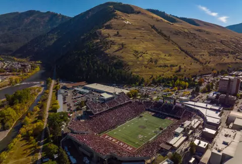 Aerials of Washington-Grizzly Stadium during a college football game between University of Montana and University of Montana on October 15, 2022.