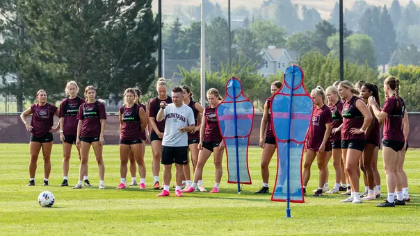 The Montana Grizzlies soccer teams practices at the South Campus Stadium on Thursday, July 23, 2026, in Missoula, Montana.
