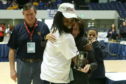 Amber Cox 2010 Big West Conference Tournament MVP with Chancellor White and Janet Lucas