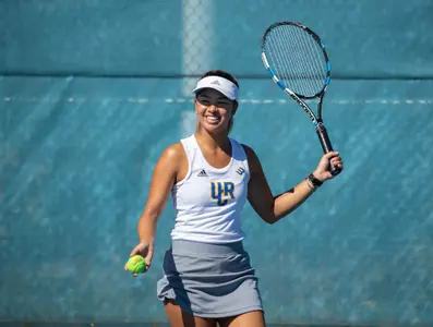 UCRÕs womenÕs tennis team player Hanh Pham competes against Long Beach State on February 18, 2022, at UC Riverside.
(UCR/Stan Lim)