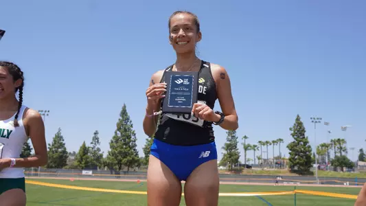Linda Perez on podium at 2023 Big West Championship