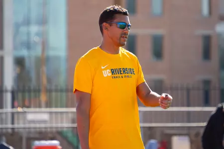 Nate Browne coaching at the 2026 UC Riverside Track and Field Blue & Gold Meet