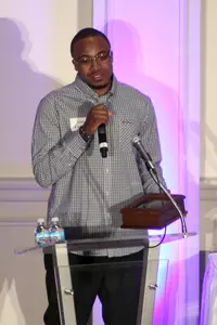 Junior Cadougan at the 2011-12 men's basketball banquet.