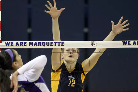 Jackie Kocken assisted in the late surge for MU with eight kills and five blocks.