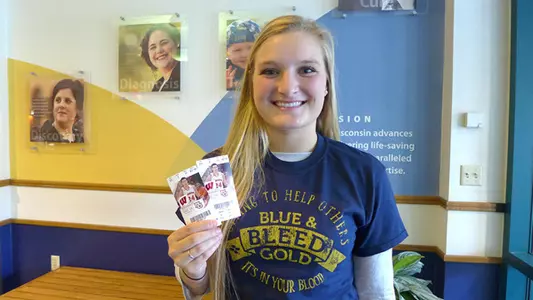 Jessica donated blood in November and won tickets to the Marquette at Wisconsin game in Madison