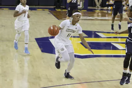 Allazia Blockton posts her team-best ninth double-double behind 21 points and 11 rebounds.