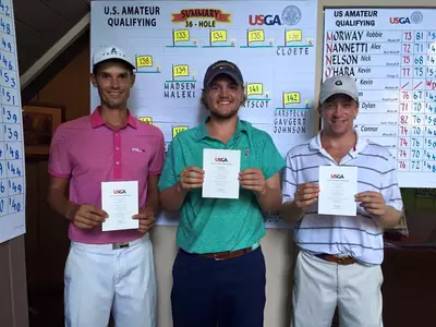 (L-R) MU grad Brandon Cloete, rising sophomore Charlie Maleki, and Georgetown's Sam Madsen are Wisconsin US Amateur qualifiers.