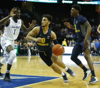 Feb 7, 2018; Newark, NJ, USA; Marquette Golden Eagles guard Markus Howard (0) dribbles the ball. Noah K. Murray-USA TODAY Sports