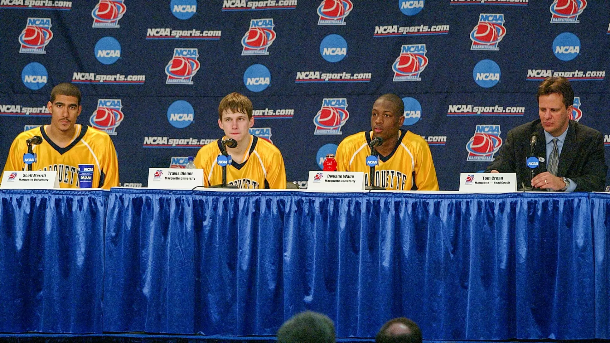 Press conference following Marquette's victory over Pittsburgh, 2003
Athletics, Dwyane Wade, Males, Men's Basketball, Other Keywords, People, Scott Merritt, Students, Tom Crean, Travis Diener
Press conference following Marquette's victory over Pittsburgh in the Sweet Sixteen round of the NCAA tournament, March 27, 2003.