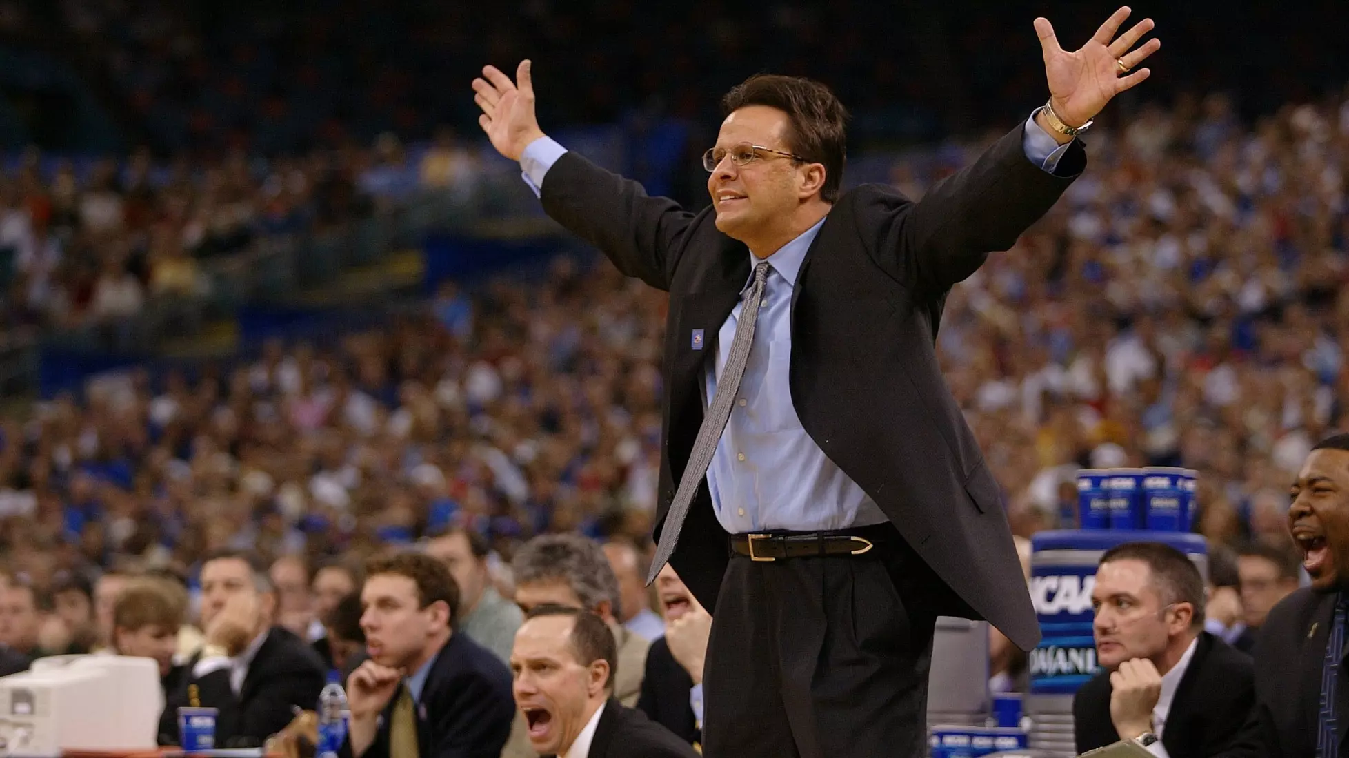 Men's basketball game action against Kansas in the NCAA Final Four, 2003
2003 Final Four, Athletics, Males, Men's Basketball, Students, Tom Crean
Men's basketball game action against Kansas in the NCAA Final Four, April 5, 2003.
