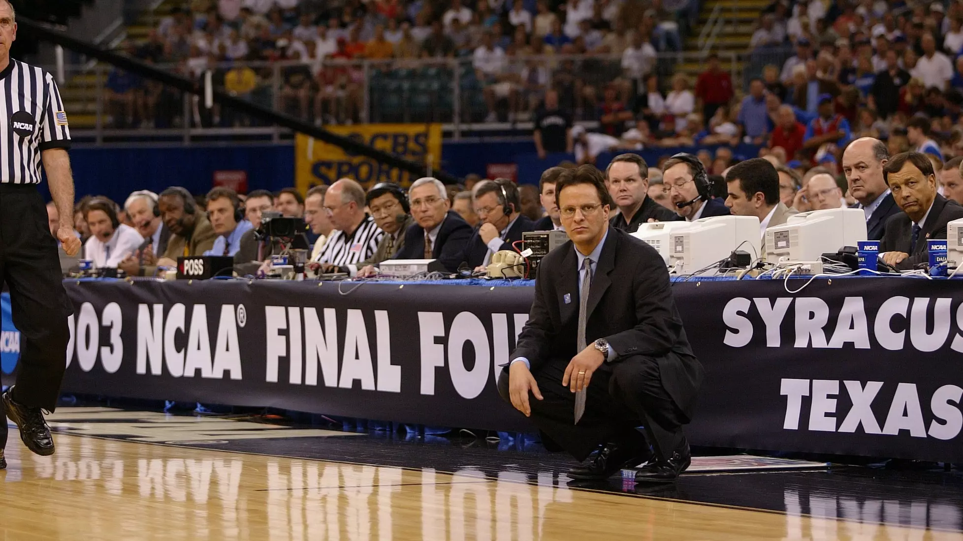 Men's basketball game action against Kansas in the NCAA Final Four, 2003
2003 Final Four, Athletics, Males, Men's Basketball, Students, Tom Crean
Men's basketball game action against Kansas in the NCAA Final Four, April 5, 2003.