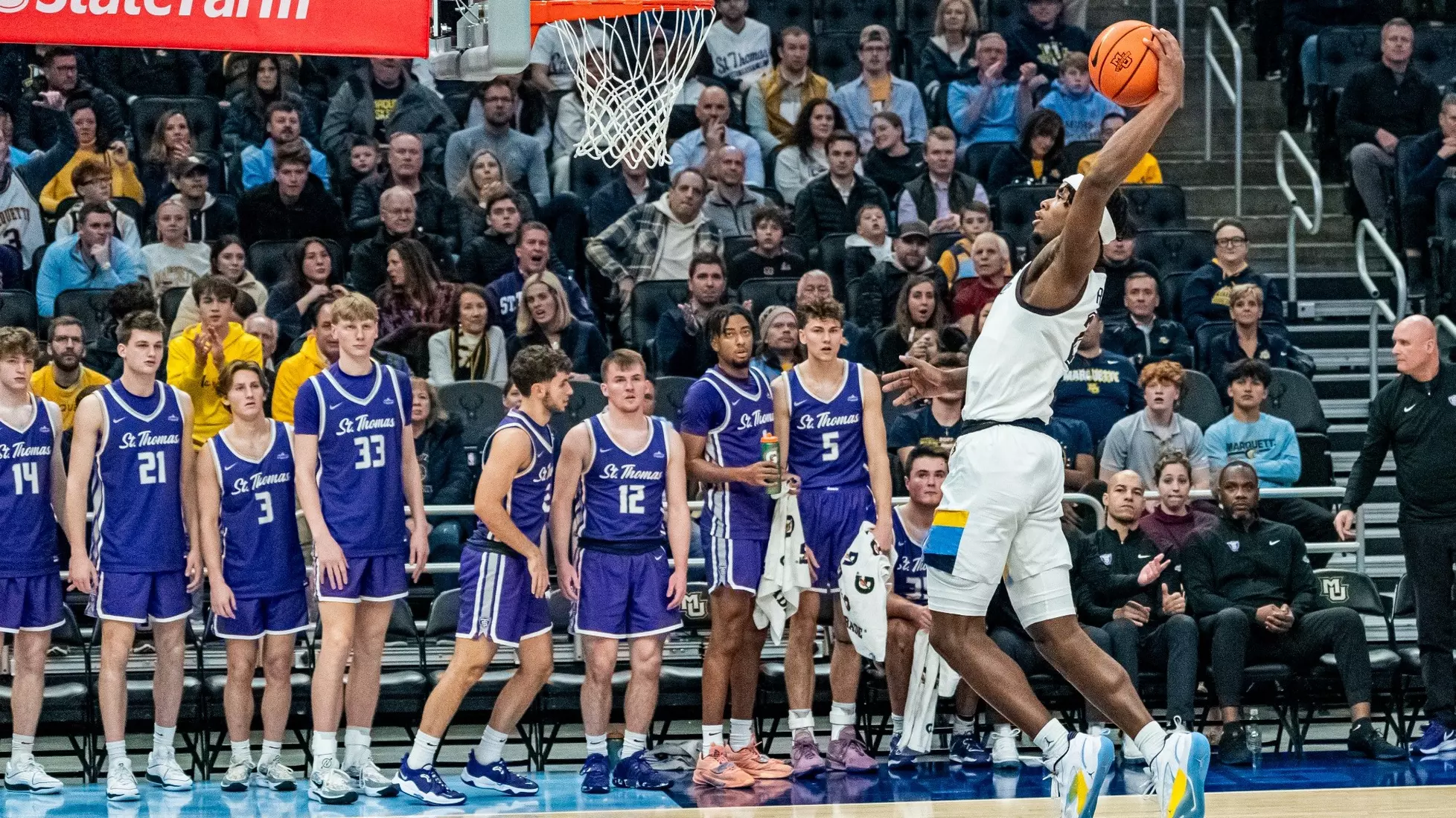 #7 Marquette Golden Eagles defeat St. Thomas 84-79 on Thursday, December 14, 2023 at Fiserv Fourm in Milwaukee, WI.