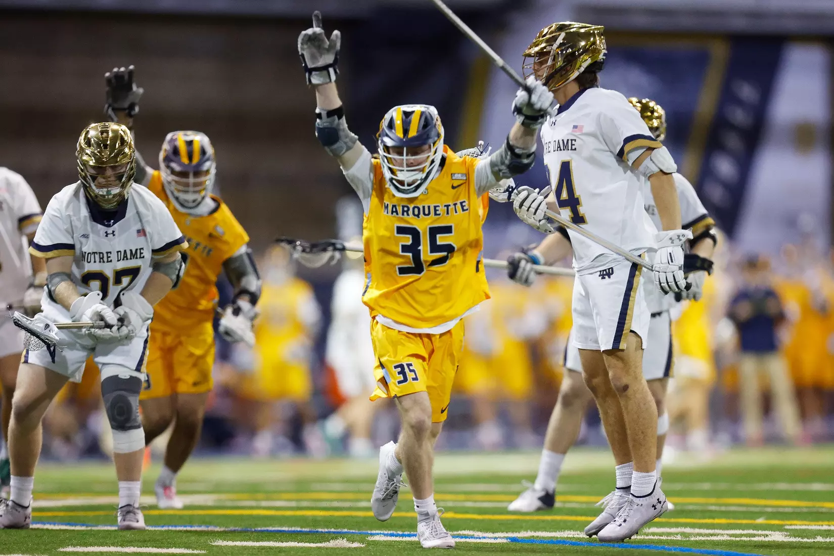 Notre Dame IN - February 15, 2023: Marquette Men’s Lacrosse vs Notre Dame
Photo by Marcus SnowdenSOUTH BEND, IN - February 15, 2023: Marquette Men’s Lacrosse vs Notre Dame Celebration
Photo by Marcus Snowden