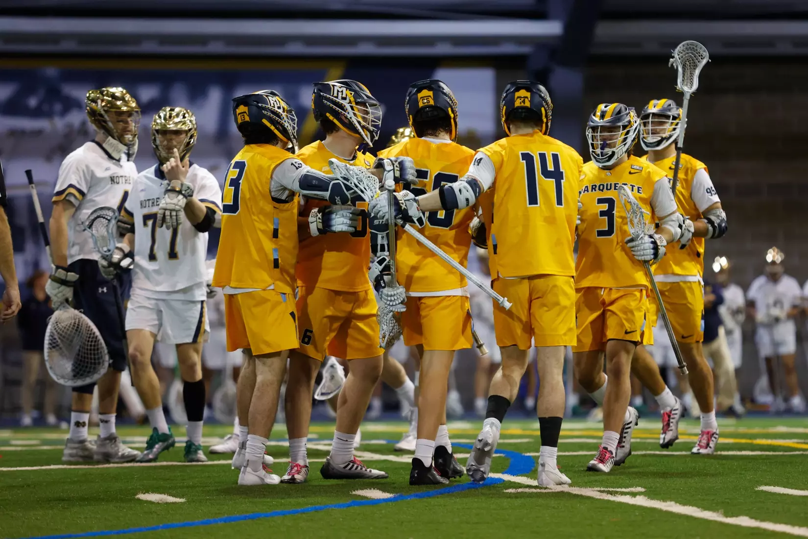 Notre Dame IN - February 15, 2023: Marquette Men’s Lacrosse vs Notre Dame
Photo by Marcus SnowdenSOUTH BEND, IN - February 15, 2023: Marquette Men’s Lacrosse vs Notre Dame Celebration
Photo by Marcus Snowden