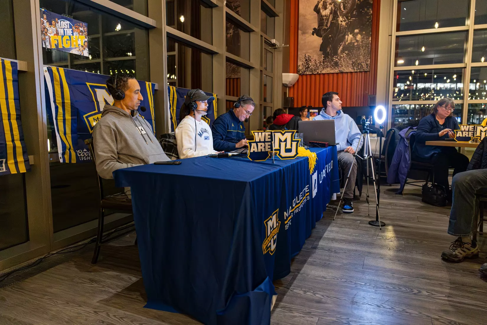 Marquette Basketball head coach Shaka Smart and No . 4 Stevie Mitchell appear on ESPN Milwaukee's radio show at Motor Bar & Restaurant at the Harley Davidson Museum on Thursday January 11, 2024 in Milwaukee, WI.