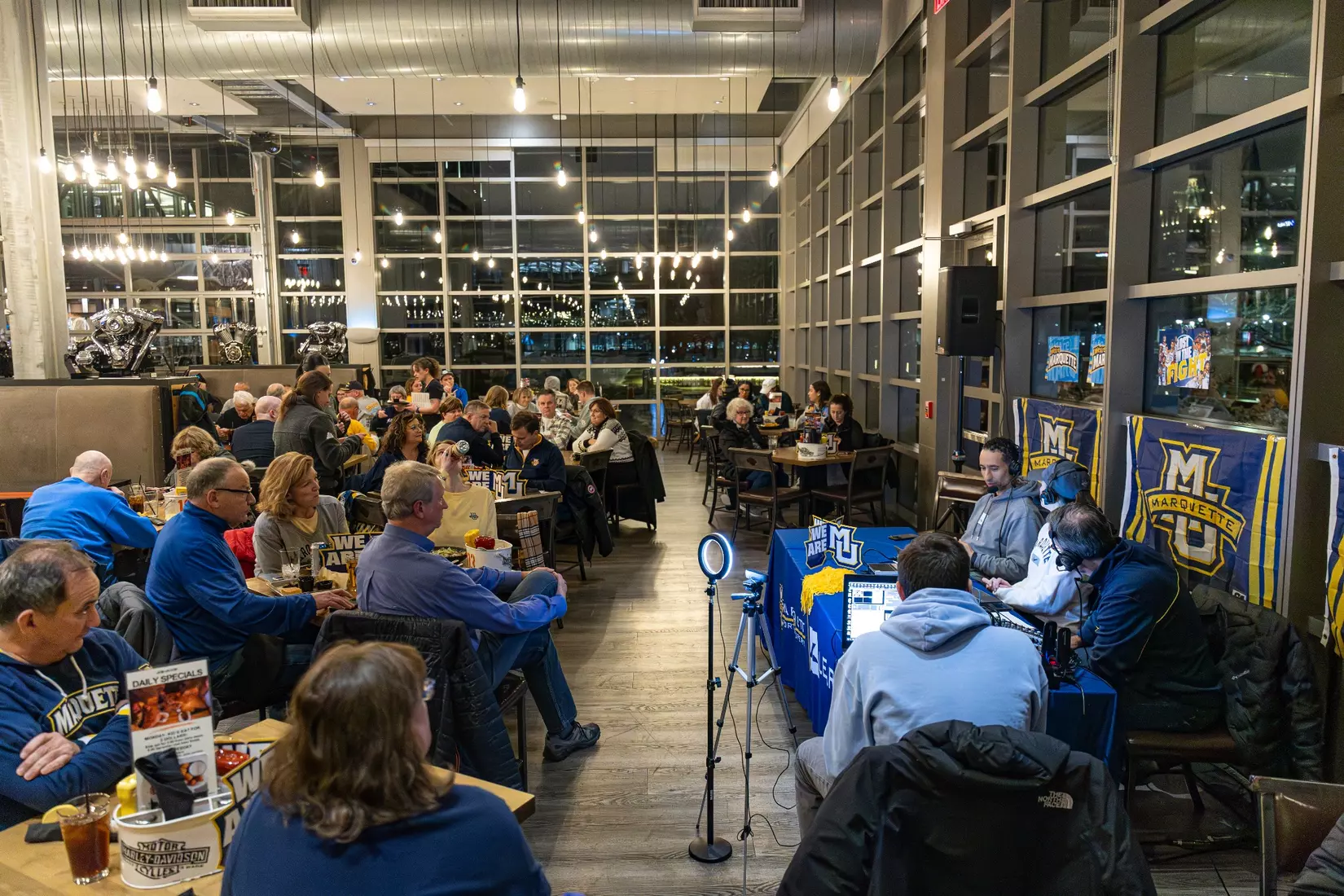 Marquette Basketball head coach Shaka Smart and No . 4 Stevie Mitchell appear on ESPN Milwaukee's radio show at Motor Bar & Restaurant at the Harley Davidson Museum on Thursday January 11, 2024 in Milwaukee, WI.