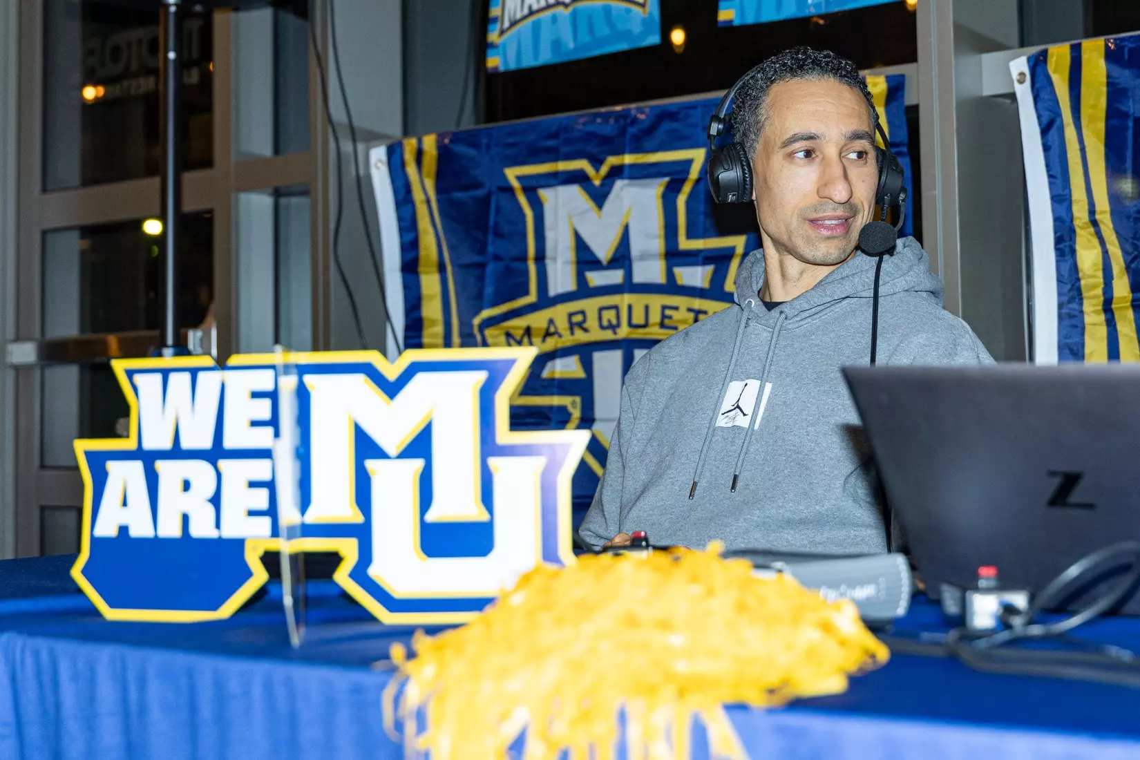 Marquette Basketball head coach Shaka Smart and No . 4 Stevie Mitchell appear on ESPN Milwaukee's radio show at Motor Bar & Restaurant at the Harley Davidson Museum on Thursday January 11, 2024 in Milwaukee, WI.