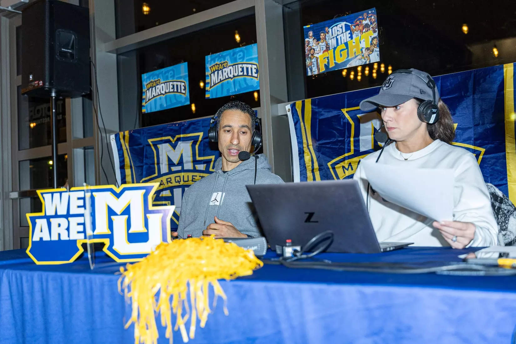 Marquette Basketball head coach Shaka Smart and No . 4 Stevie Mitchell appear on ESPN Milwaukee's radio show at Motor Bar & Restaurant at the Harley Davidson Museum on Thursday January 11, 2024 in Milwaukee, WI.