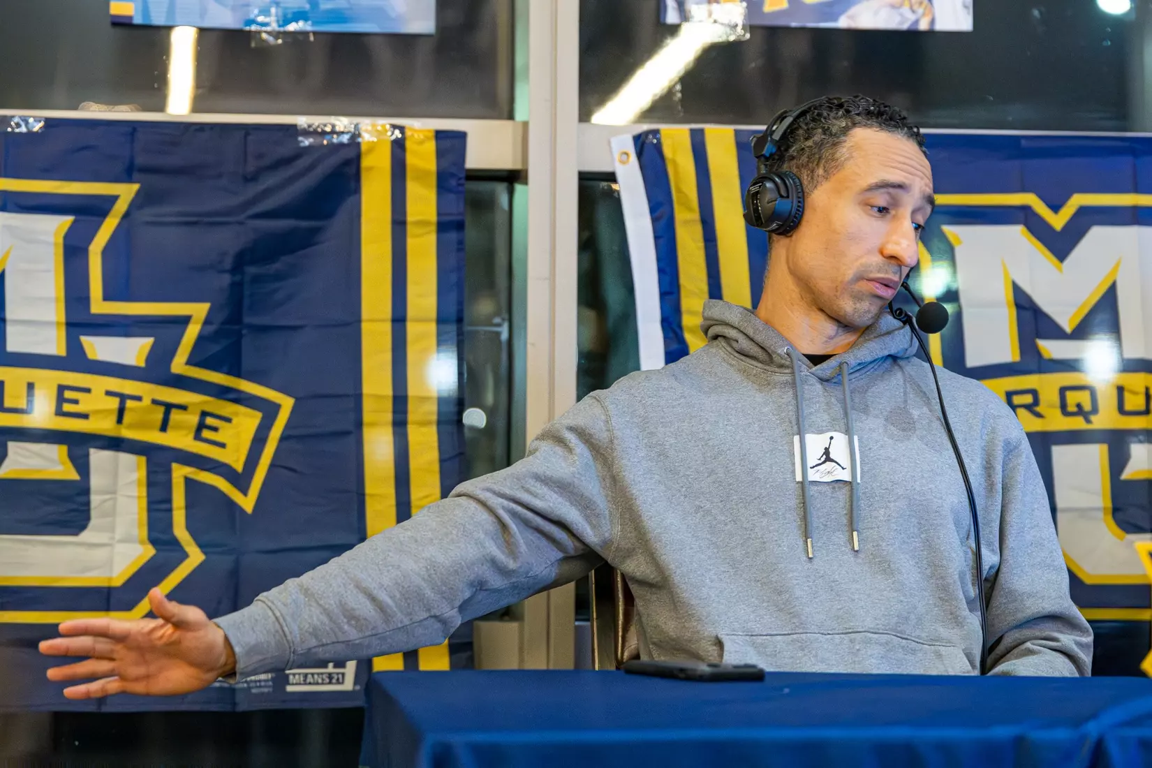 Marquette Basketball head coach Shaka Smart and No . 4 Stevie Mitchell appear on ESPN Milwaukee's radio show at Motor Bar & Restaurant at the Harley Davidson Museum on Thursday January 11, 2024 in Milwaukee, WI.