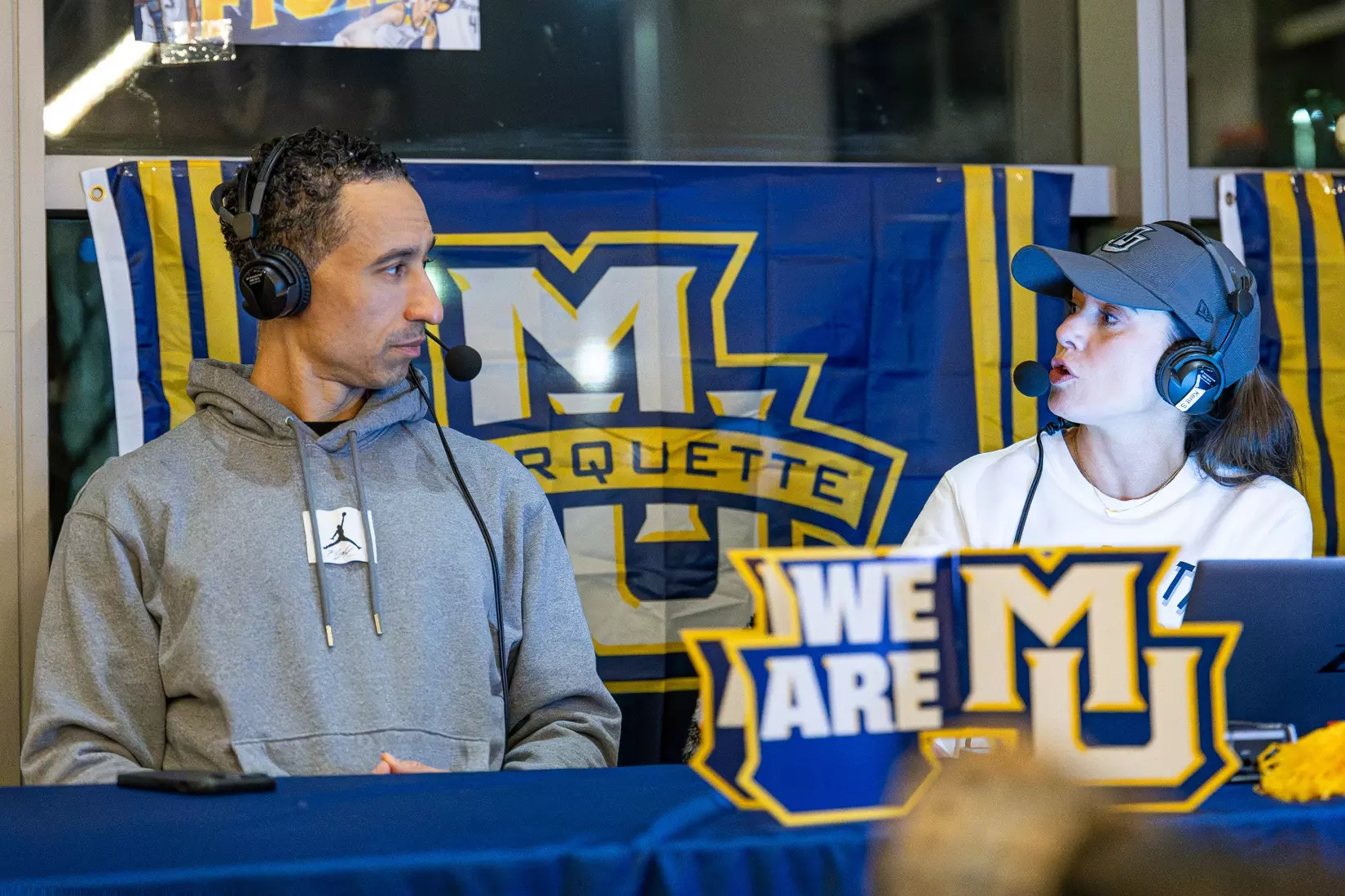 Marquette Basketball head coach Shaka Smart and No . 4 Stevie Mitchell appear on ESPN Milwaukee's radio show at Motor Bar & Restaurant at the Harley Davidson Museum on Thursday January 11, 2024 in Milwaukee, WI.