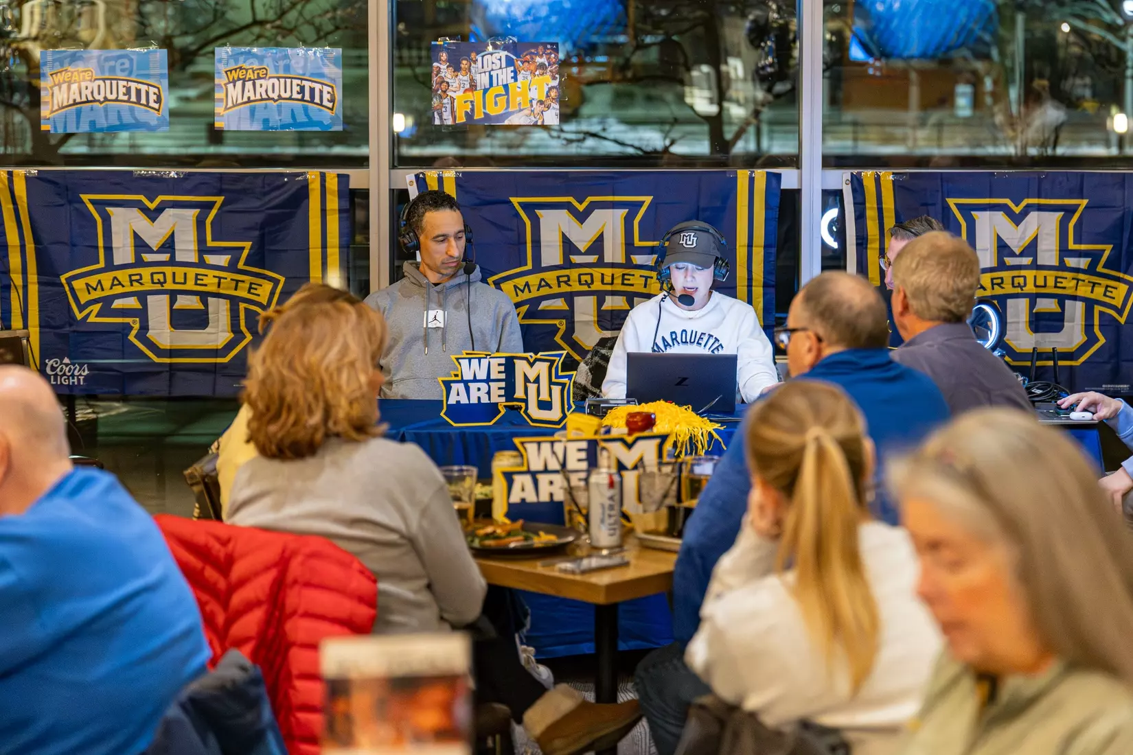Marquette Basketball head coach Shaka Smart and No . 4 Stevie Mitchell appear on ESPN Milwaukee's radio show at Motor Bar & Restaurant at the Harley Davidson Museum on Thursday January 11, 2024 in Milwaukee, WI.